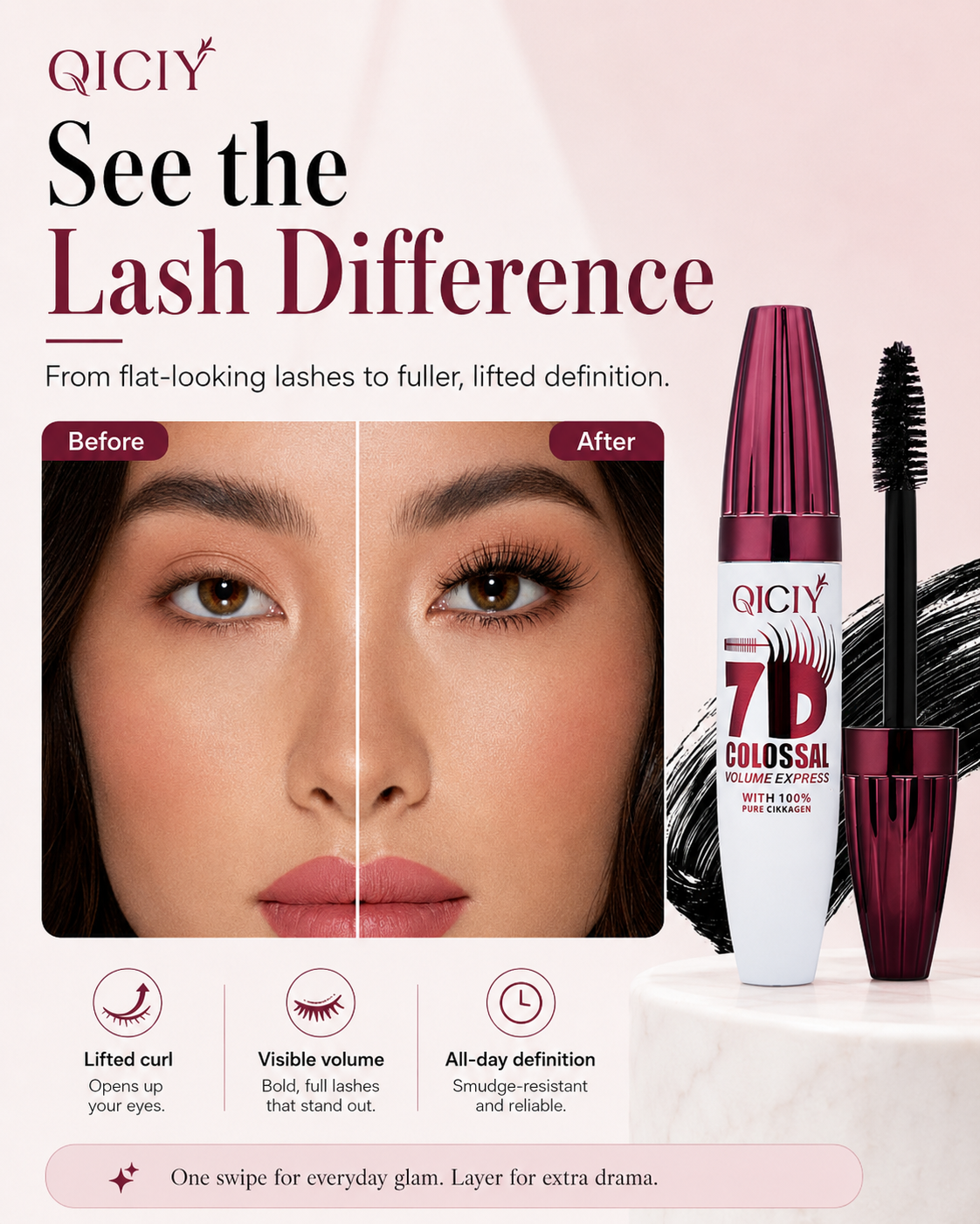 ✨ QICIY-7D Waterproof Mascara – Extreme Volume, Lifted Curl & All-Day Smudge-Proof Wear